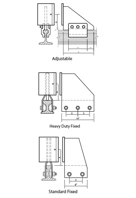 Bumper stops in adjustable, heavy duty fixed, and standard fixed configurations
