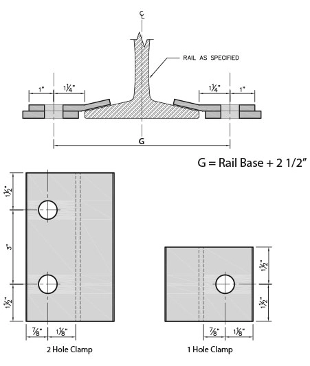 Diagram of a rail clamp with studded filler on a wide flange, showing 1 hole and 2 hole clamp dimensions