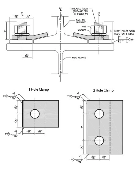 Diagram of a floating clamp with eccentric filler, showing 1 hole and 2 hole clamp dimensions